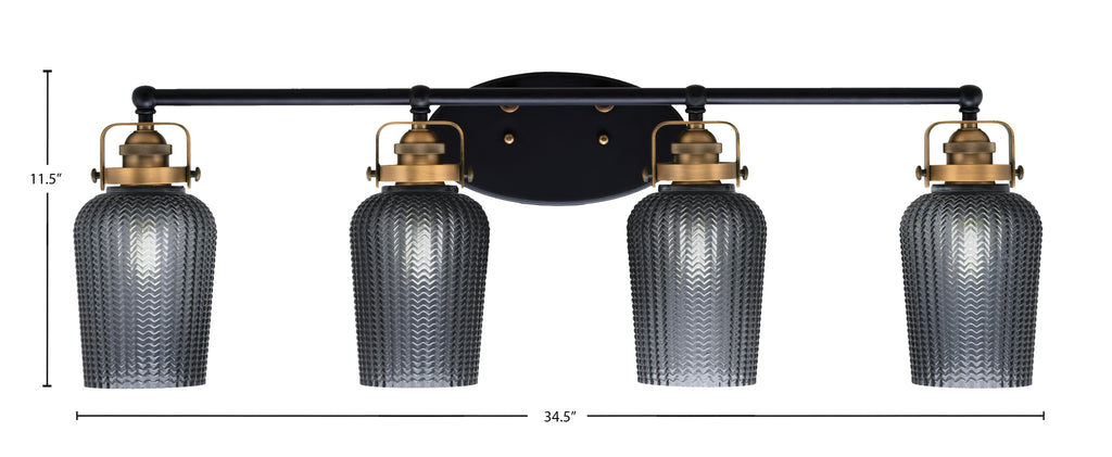 Easton Four Light Bath Bar in Matte Black & Brass with 5" Smoke Textured Shade