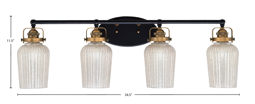 Easton Four Light Bath Bar in Matte Black & Brass with 5" Silver Textured Shade
