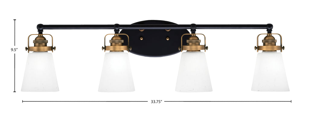 Easton Four Light Bath Bar in Matte Black & Brass with 4.5" Square White Muslin Shade