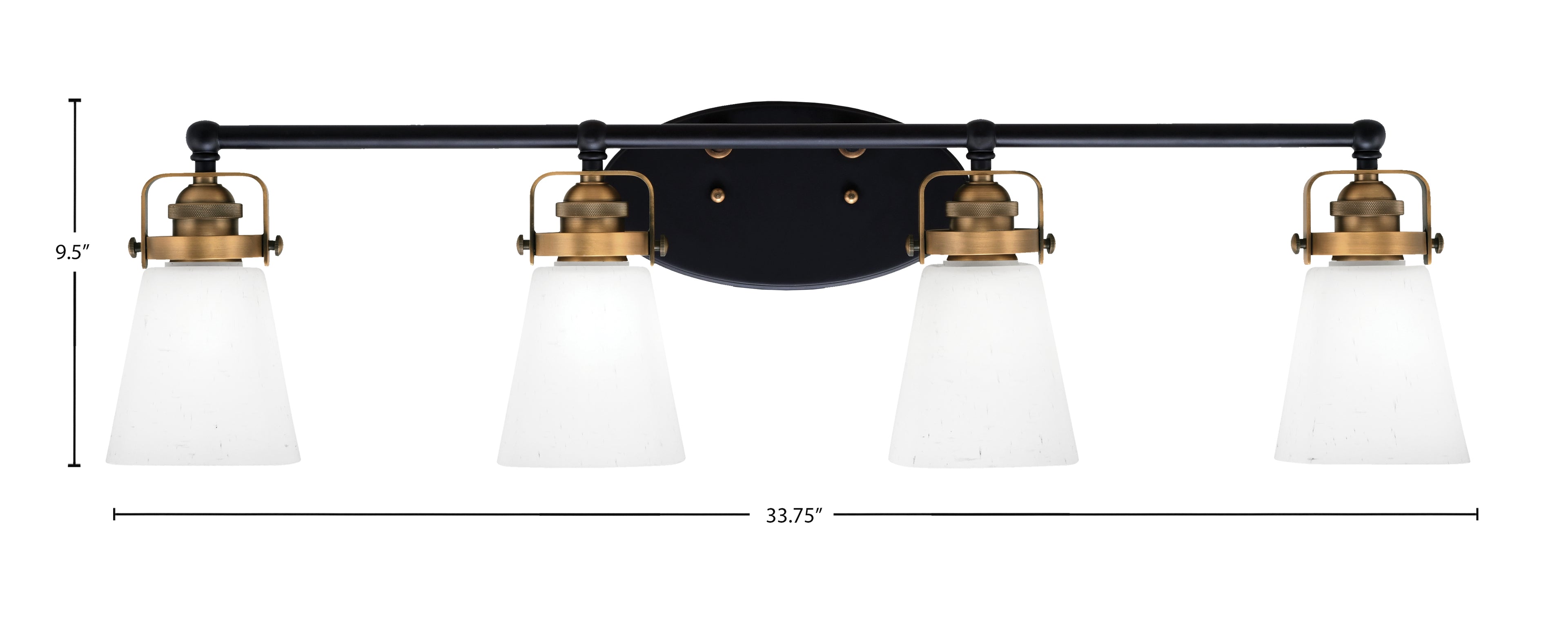 Easton Four Light Bath Bar in Matte Black & Brass with 4.5" Square White Muslin Shade