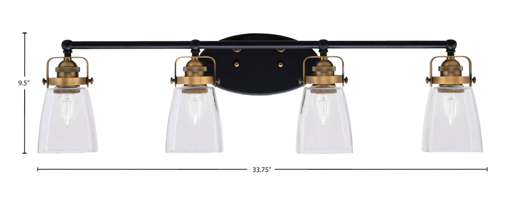 Easton Four Light Bath Bar in Matte Black & Brass with 4.5" Square Clear Bubble Shade