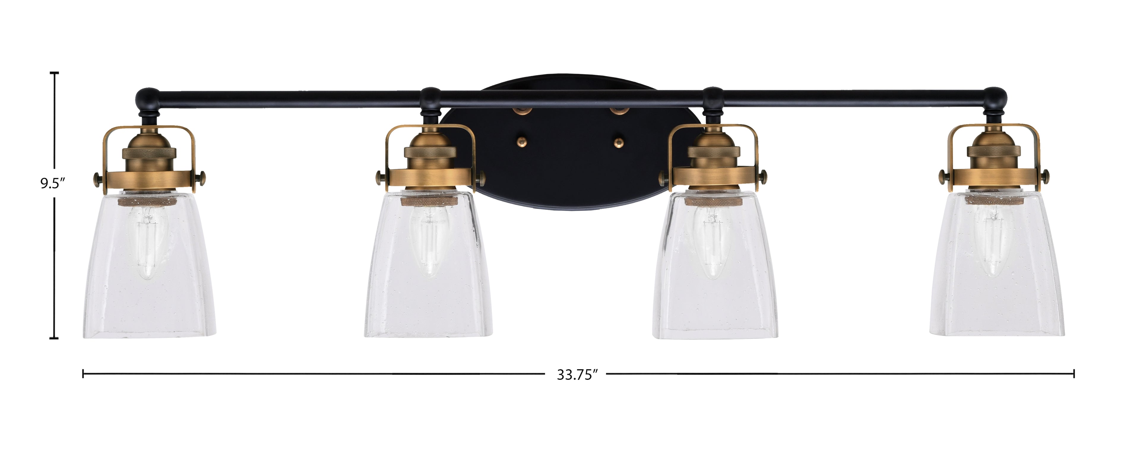 Easton Four Light Bath Bar in Matte Black & Brass with 4.5" Square Clear Bubble Shade
