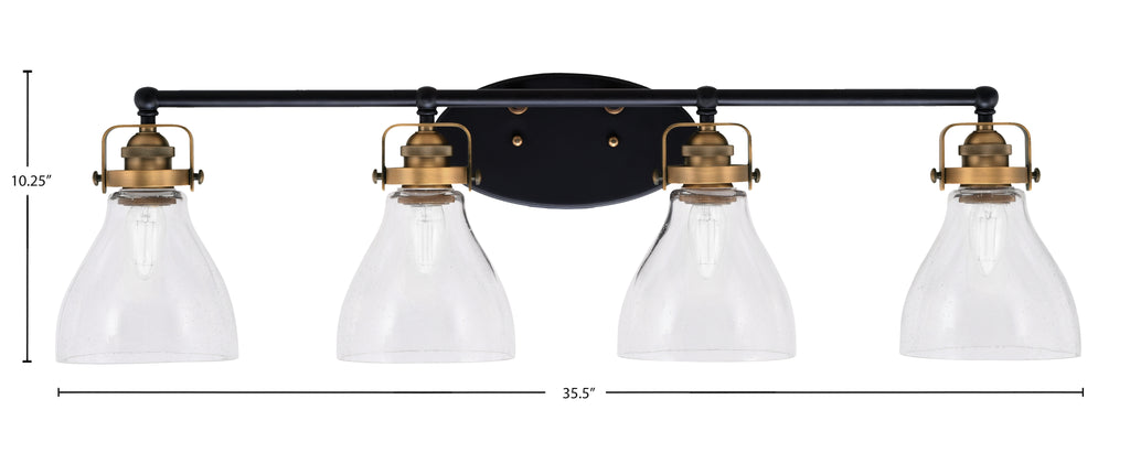 Easton Four Light Bath Bar in Matte Black & Brass with 6.25" Clear Bubble Shade