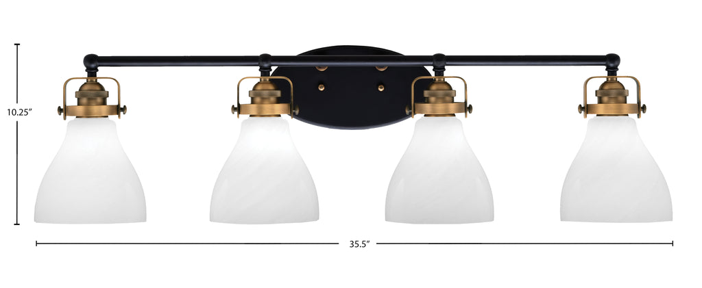 Easton Four Light Bath Bar in Matte Black & Brass with 6.25" White Marble Shade