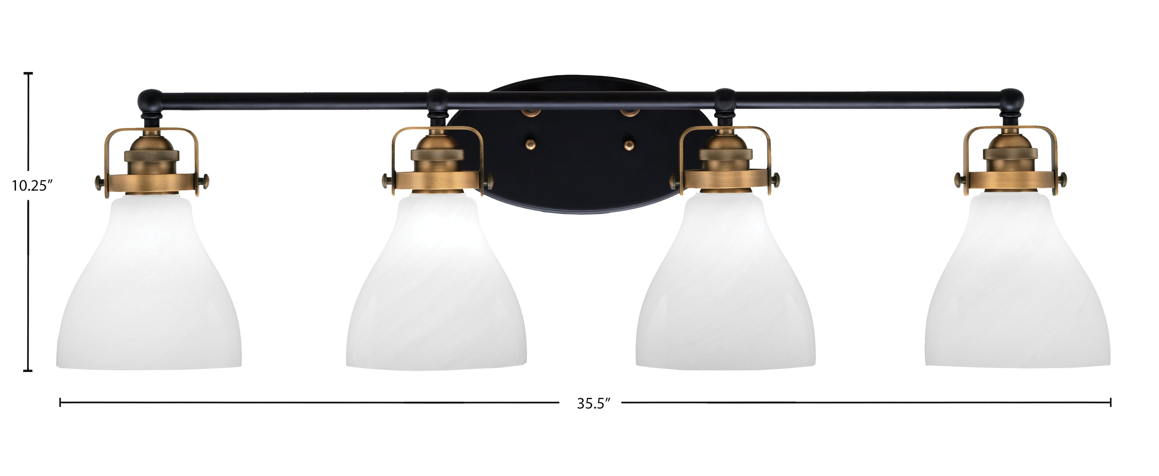 Easton Four Light Bath Bar in Matte Black & Brass with 6.25" White Marble Shade
