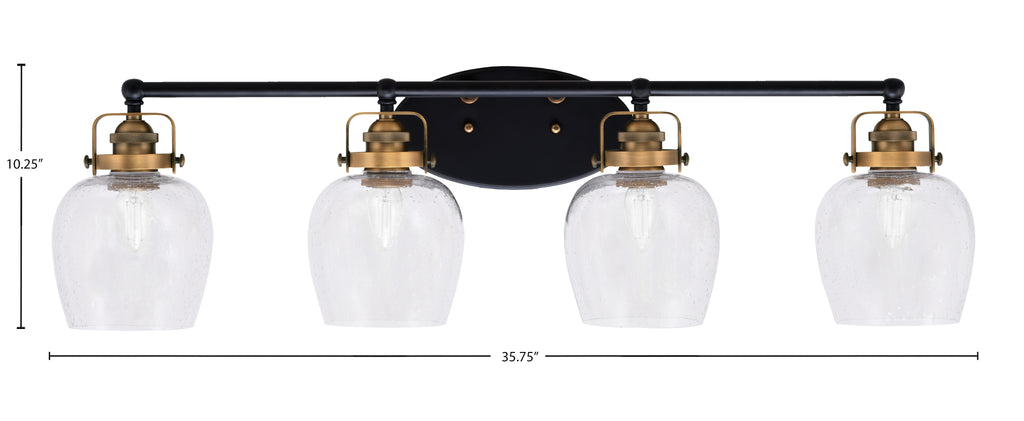 Easton Four Light Bath Bar in Matte Black & Brass with 6" Clear Bubble Shade