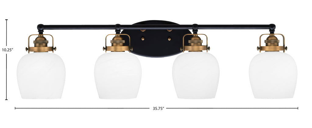 Easton Four Light Bath Bar in Matte Black & Brass with 6" White Marble Shade