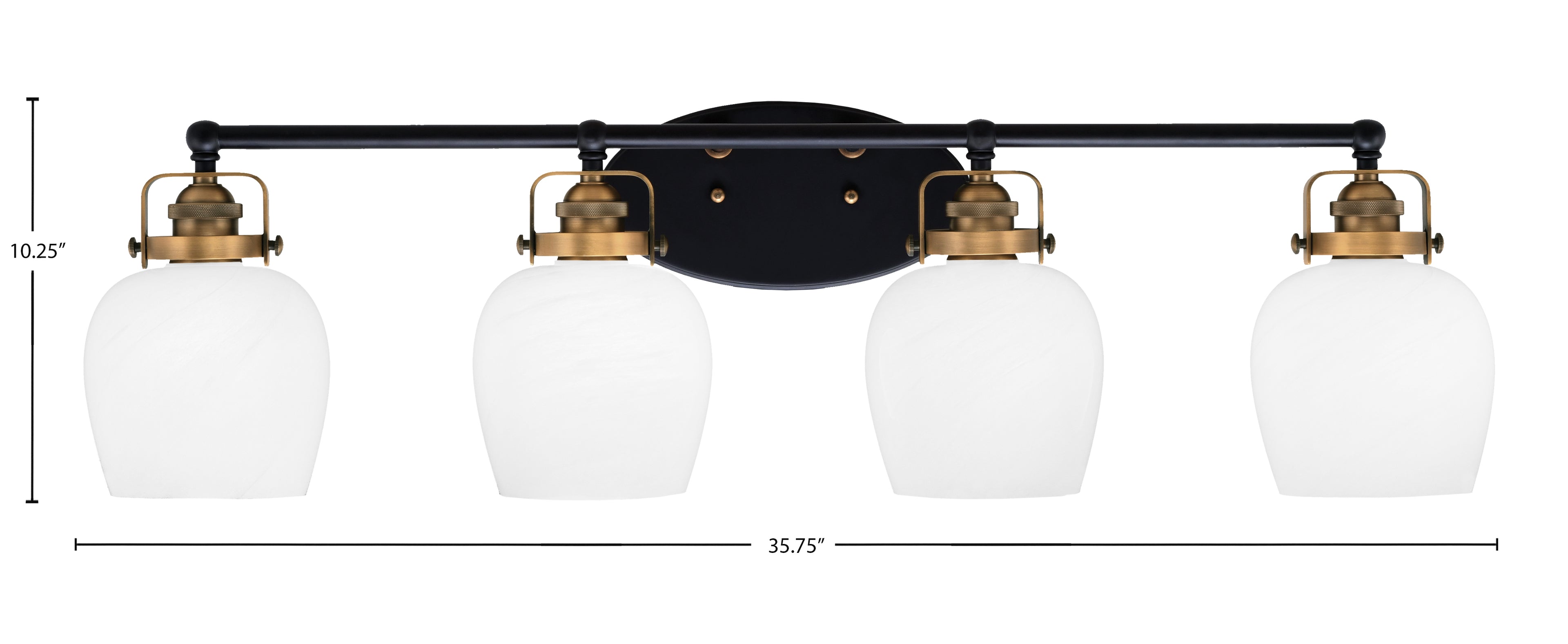 Easton Four Light Bath Bar in Matte Black & Brass with 6" White Marble Shade
