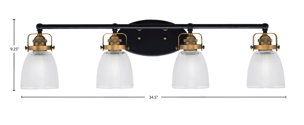 Easton Four Light Bath Bar in Matte Black & Brass with 5" Clear Ribbed Shade