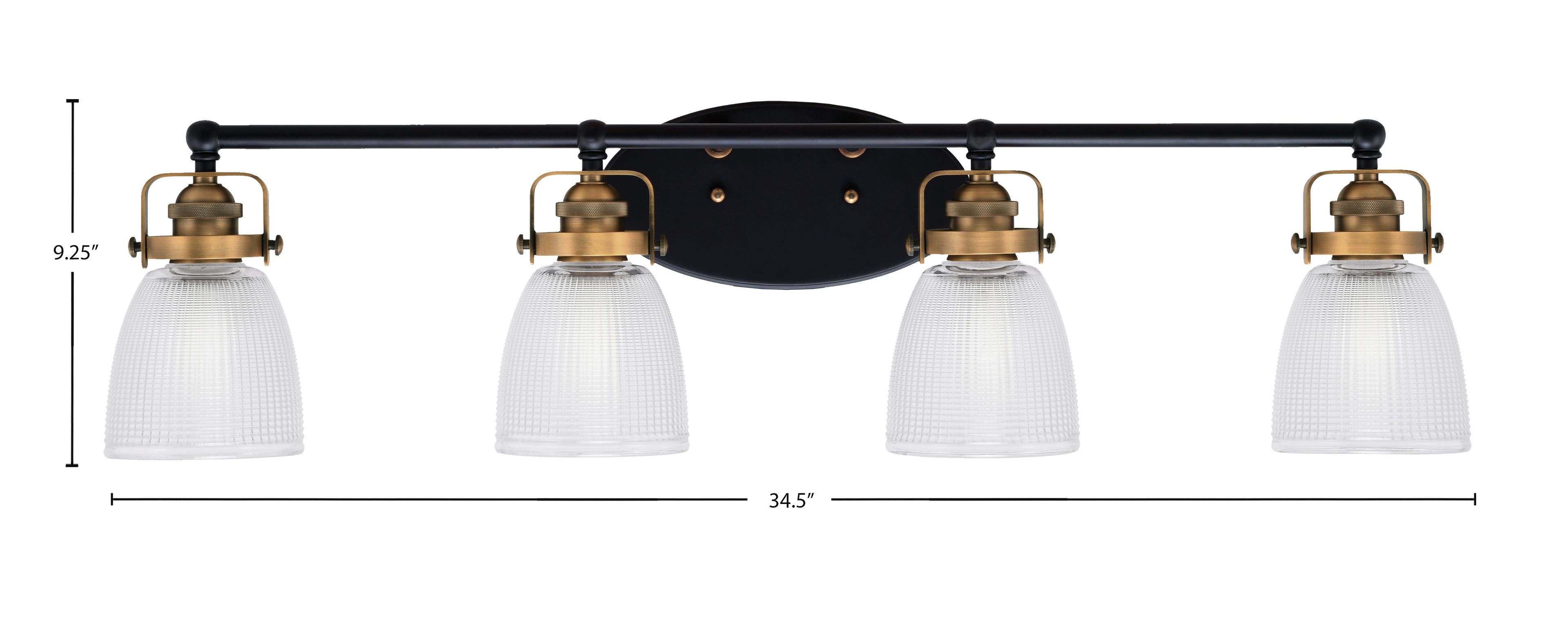 Easton Four Light Bath Bar in Matte Black & Brass with 5" Clear Ribbed Shade
