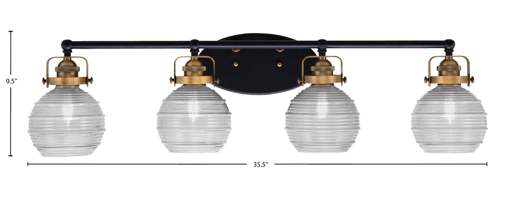 Easton Four Light Bath Bar in Matte Black & Brass with 6" Clear Ribbed Shade