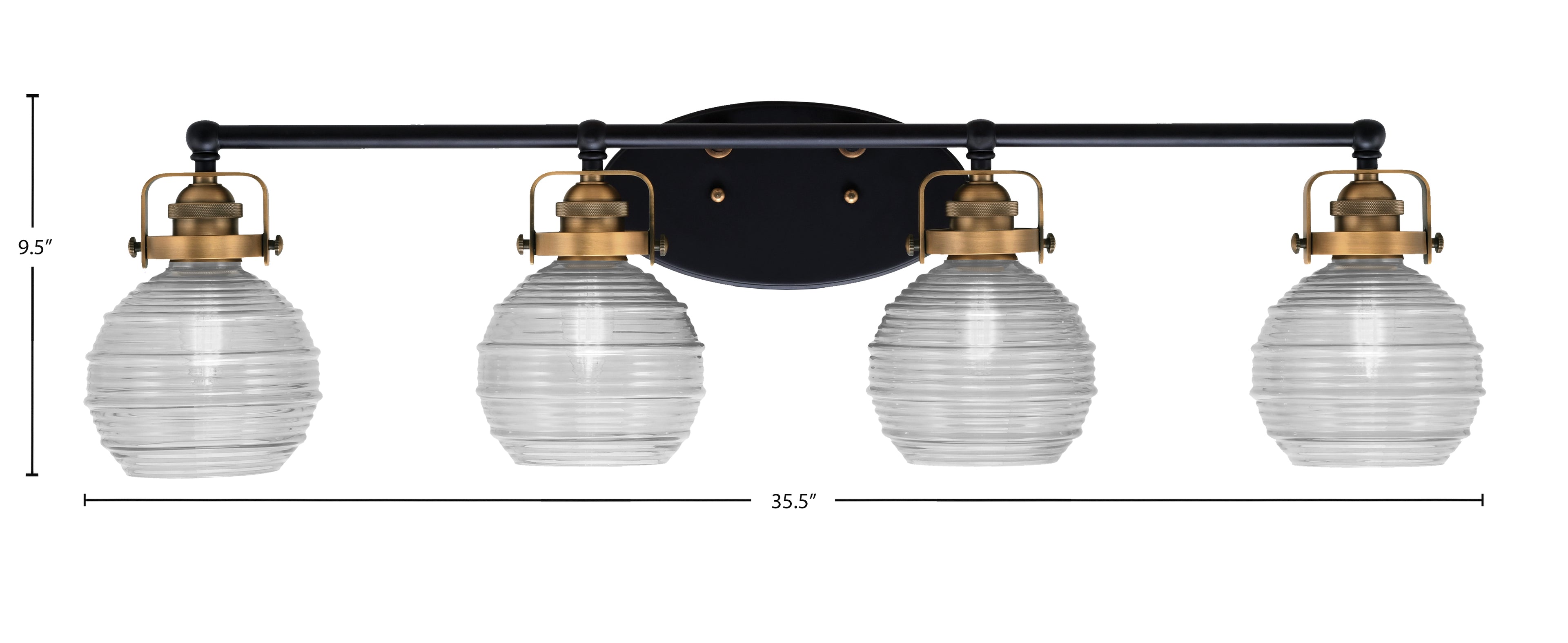 Easton Four Light Bath Bar in Matte Black & Brass with 6" Clear Ribbed Shade