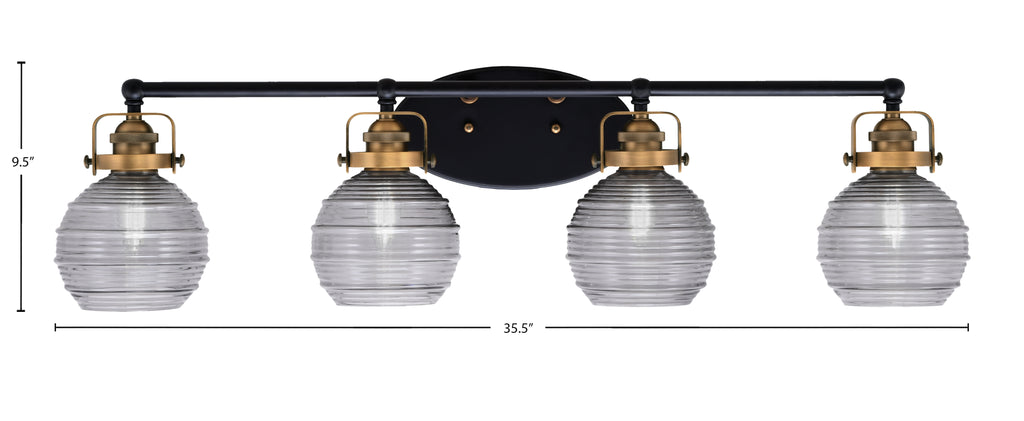 Easton Four Light Bath Bar in Matte Black & Brass with 6" Smoke Ribbed Shade