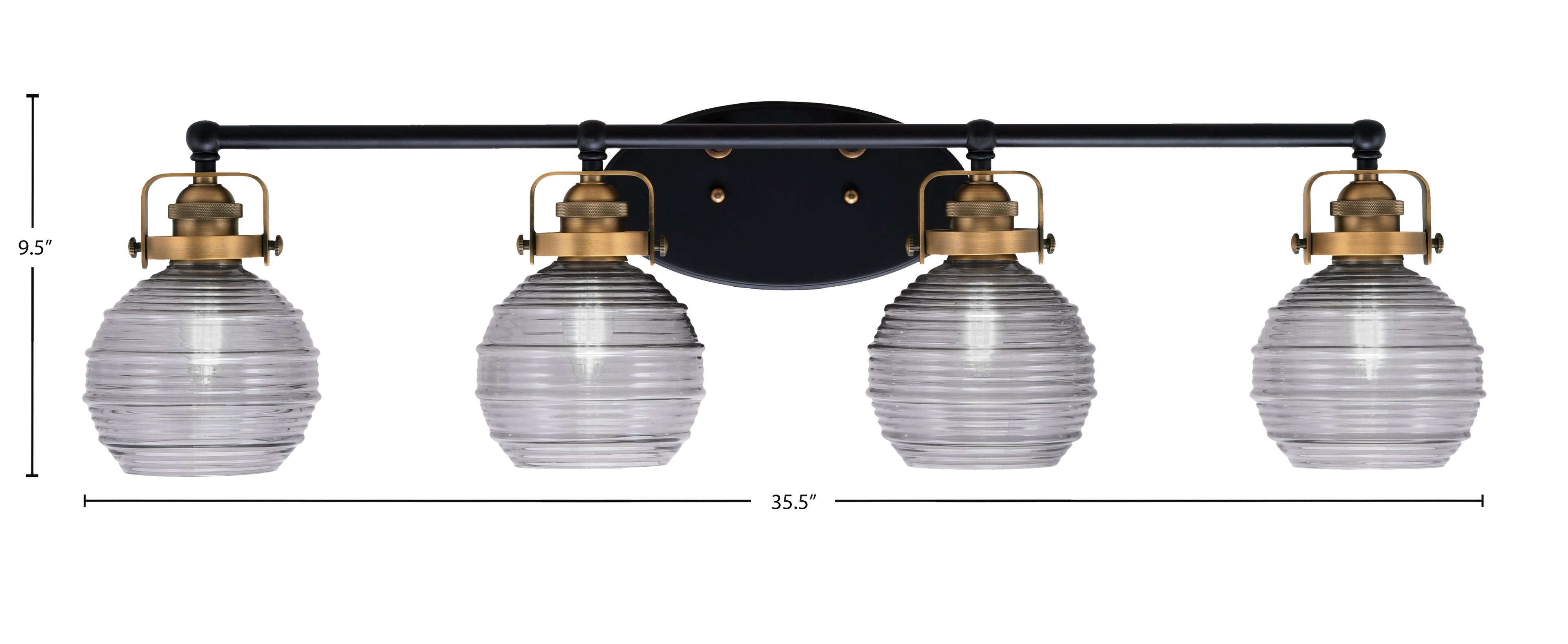 Easton Four Light Bath Bar in Matte Black & Brass with 6" Smoke Ribbed Shade