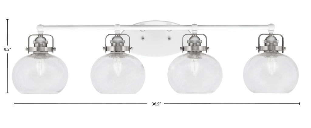 Easton Four Light Bath Bar in White & Brushed Nickel with 7" Clear Bubble Shade