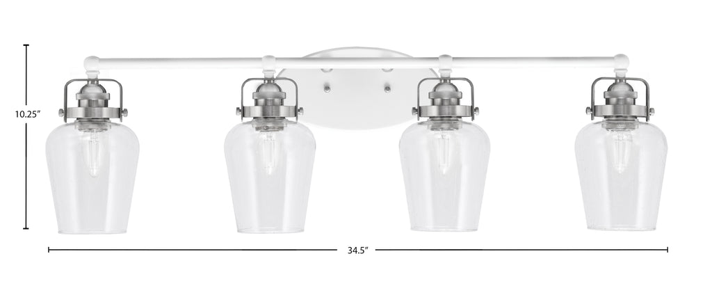 Easton Four Light Bath Bar in White & Brushed Nickel with 5" Clear Bubble Shade