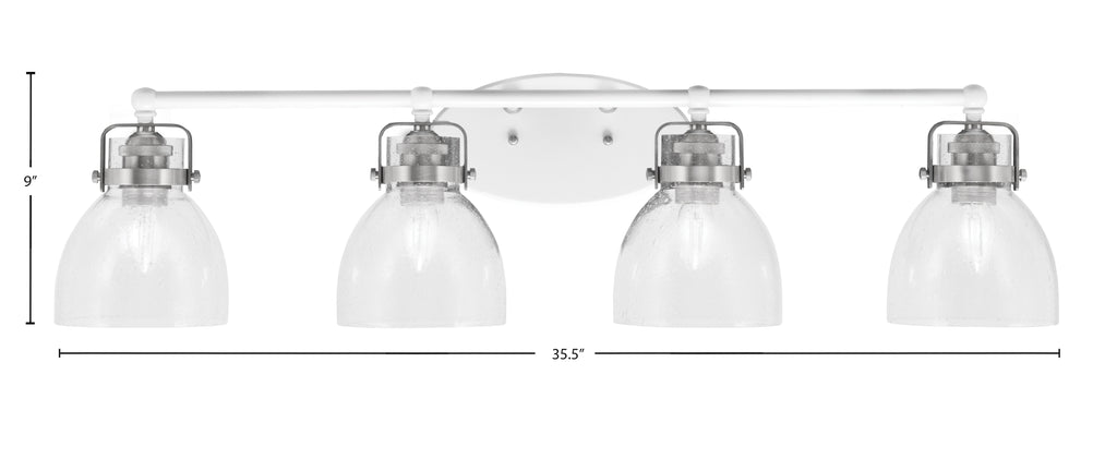 Easton Four Light Bath Bar in White & Brushed Nickel with 6" Clear Bubble Shade