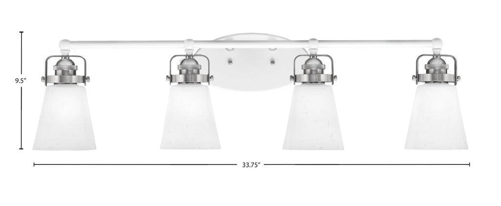 Easton Four Light Bath Bar in White & Brushed Nickel with 4.5" Square White Muslin Shade