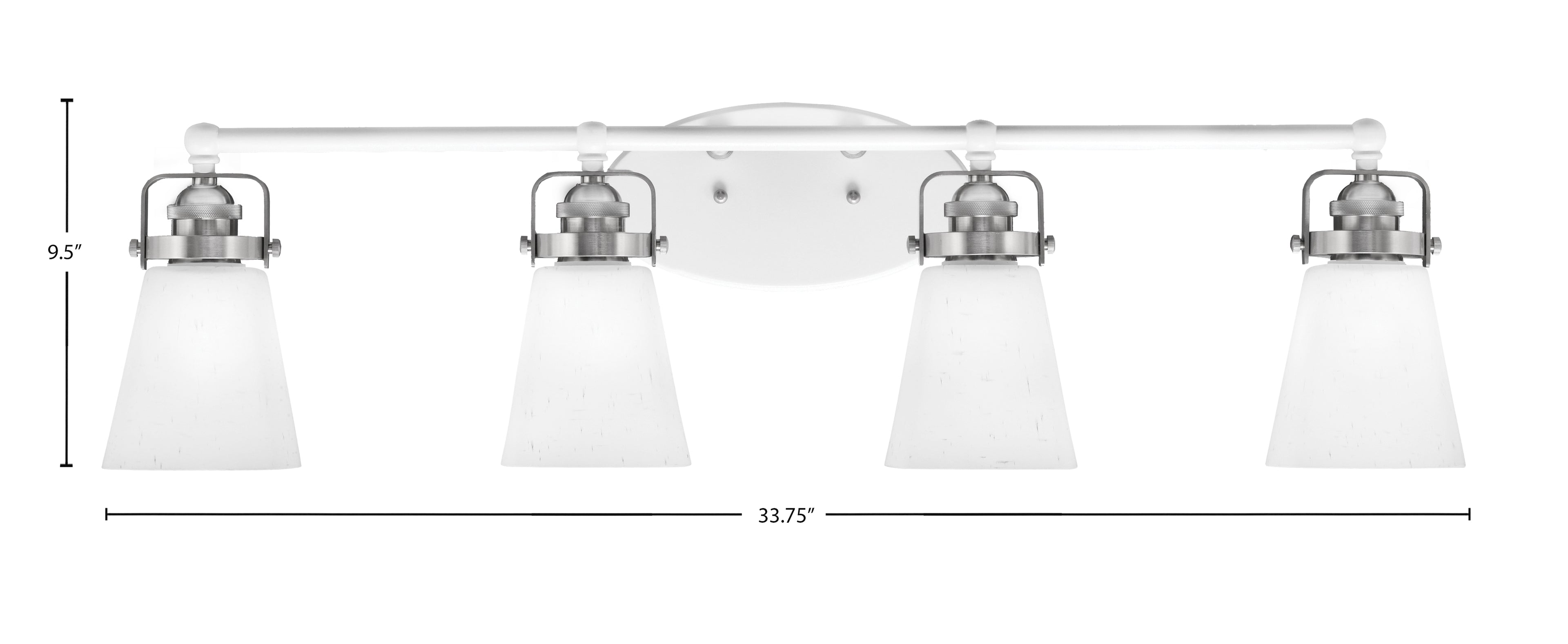 Easton Four Light Bath Bar in White & Brushed Nickel with 4.5" Square White Muslin Shade