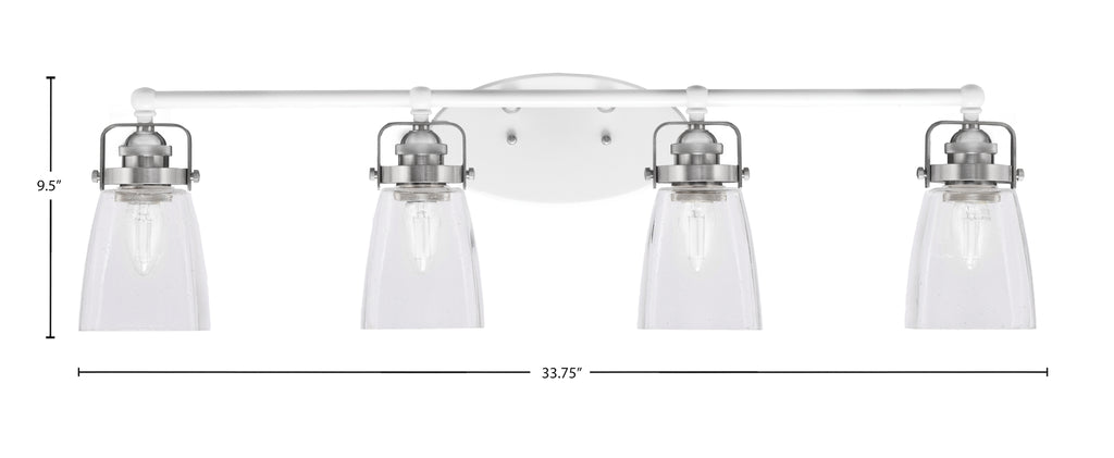 Easton Four Light Bath Bar in White & Brushed Nickel with 4.5" Square Clear Bubble Shade