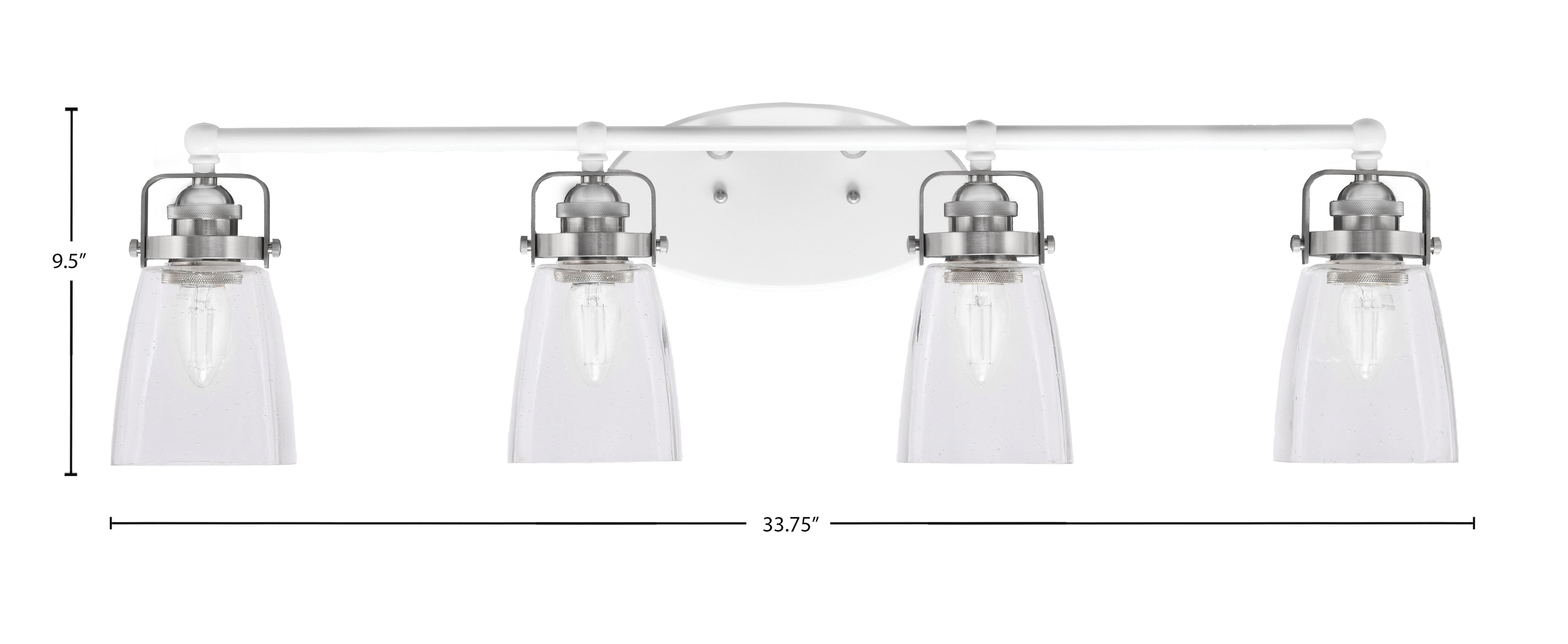 Easton Four Light Bath Bar in White & Brushed Nickel with 4.5" Square Clear Bubble Shade