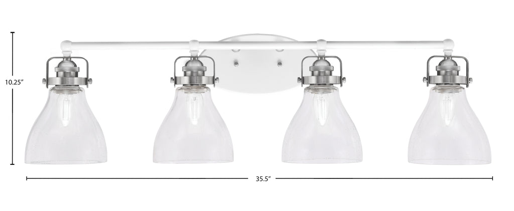Easton Four Light Bath Bar in White & Brushed Nickel with 6.25" Clear Bubble Shade