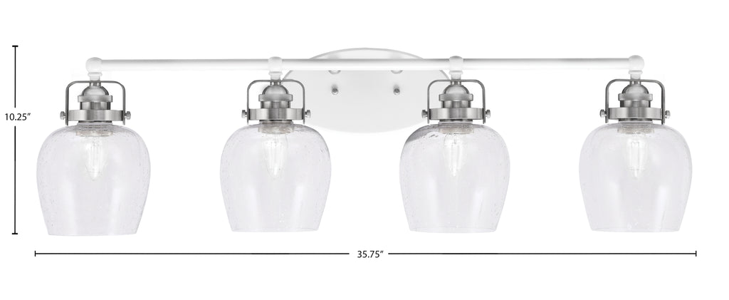 Easton Four Light Bath Bar in White & Brushed Nickel with 6" Clear Bubble Shade