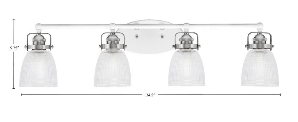 Easton Four Light Bath Bar in White & Brushed Nickel with 5" Clear Ribbed Shade