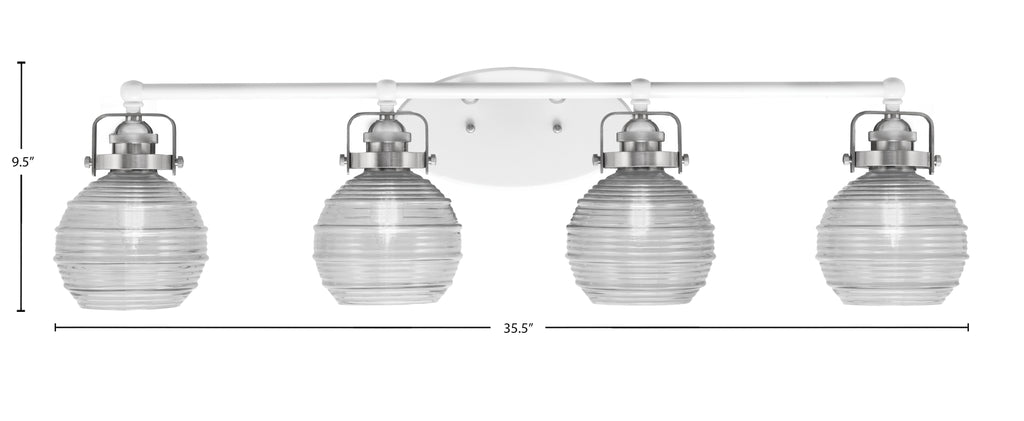 Easton Four Light Bath Bar in White & Brushed Nickel with 6" Clear Ribbed Shade