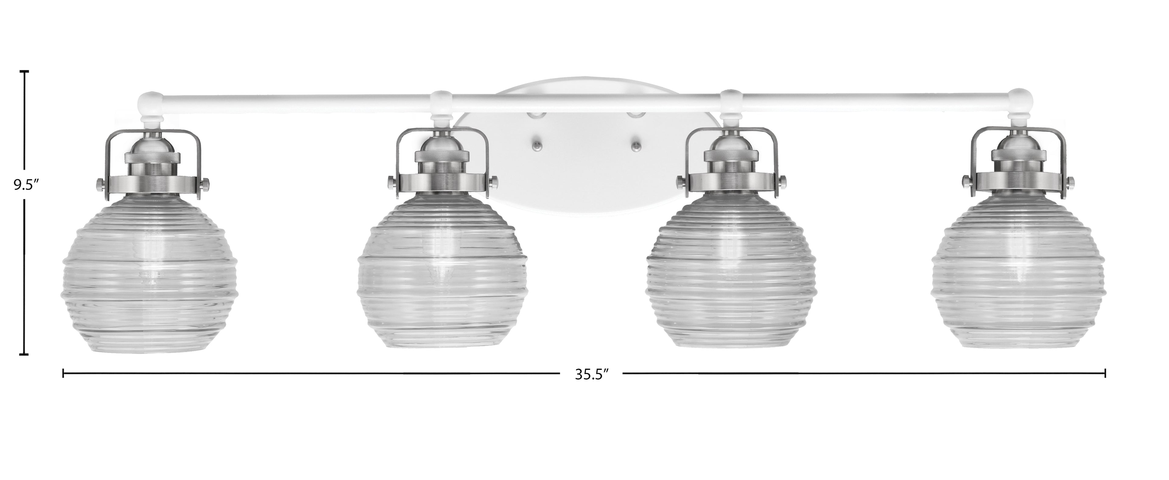 Easton Four Light Bath Bar in White & Brushed Nickel with 6" Clear Ribbed Shade