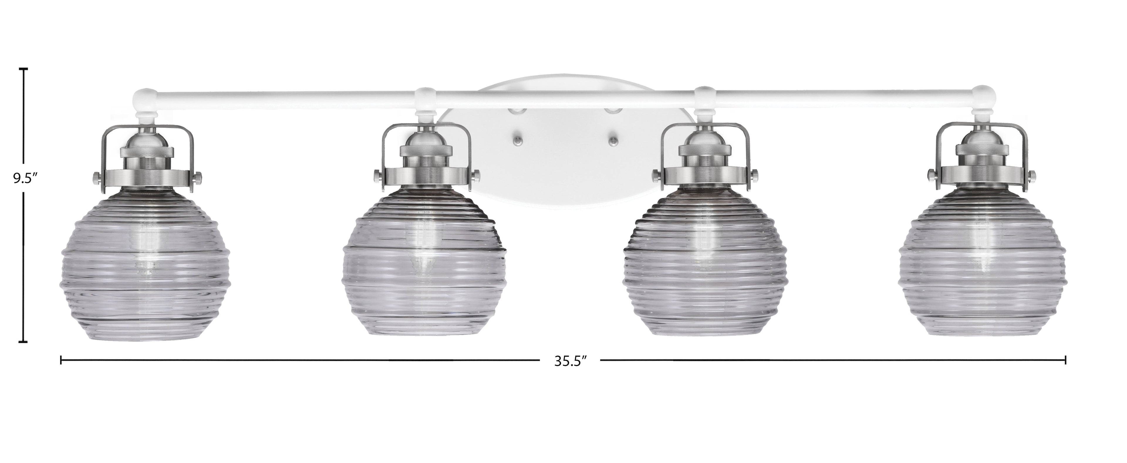 Easton Four Light Bath Bar in White & Brushed Nickel with 6" Smoke Ribbed Shade