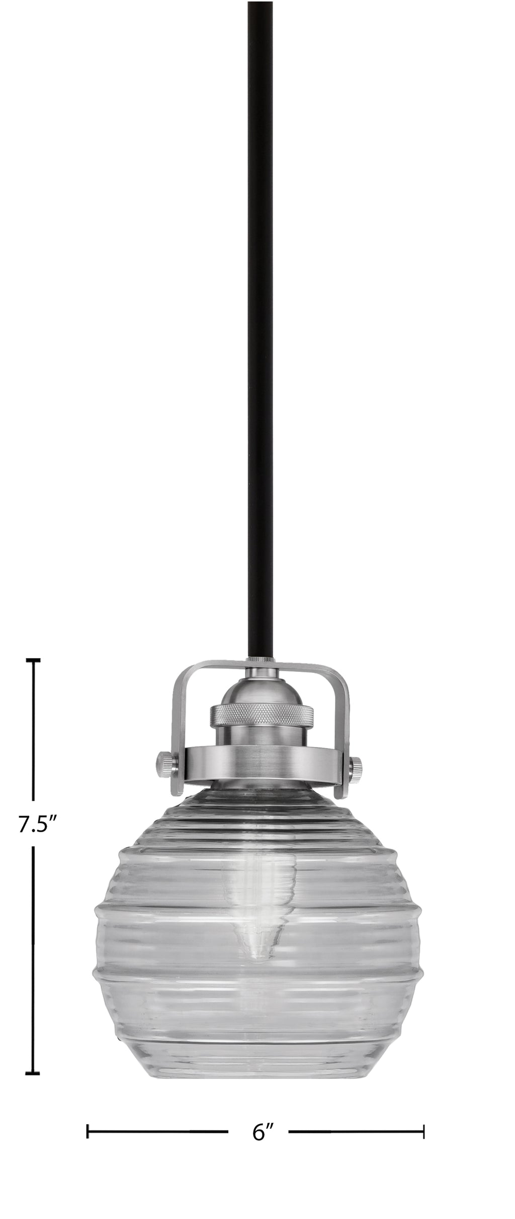 Easton One Light Mini Pendant in Matte Black & Brushed Nickel with 6" Clear Ribbed Shade