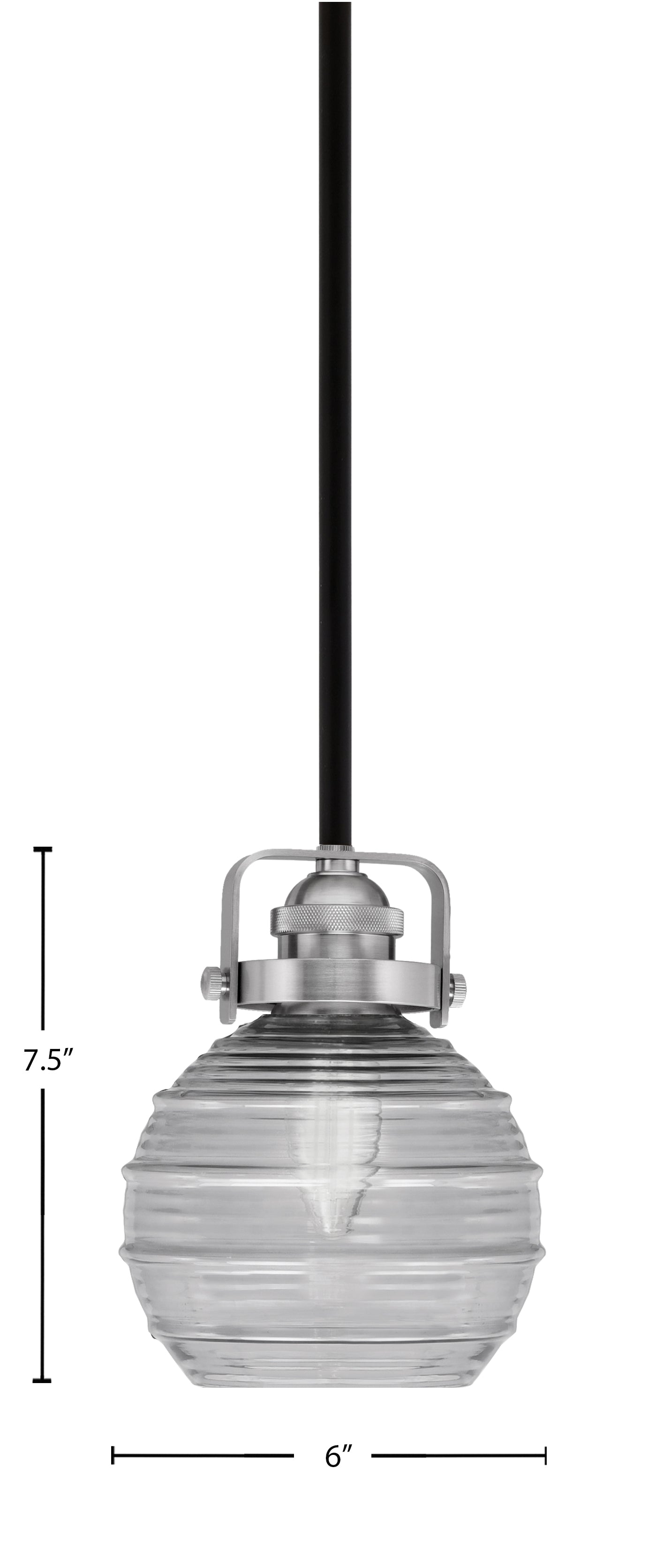 Easton One Light Mini Pendant in Matte Black & Brushed Nickel with 6" Clear Ribbed Shade