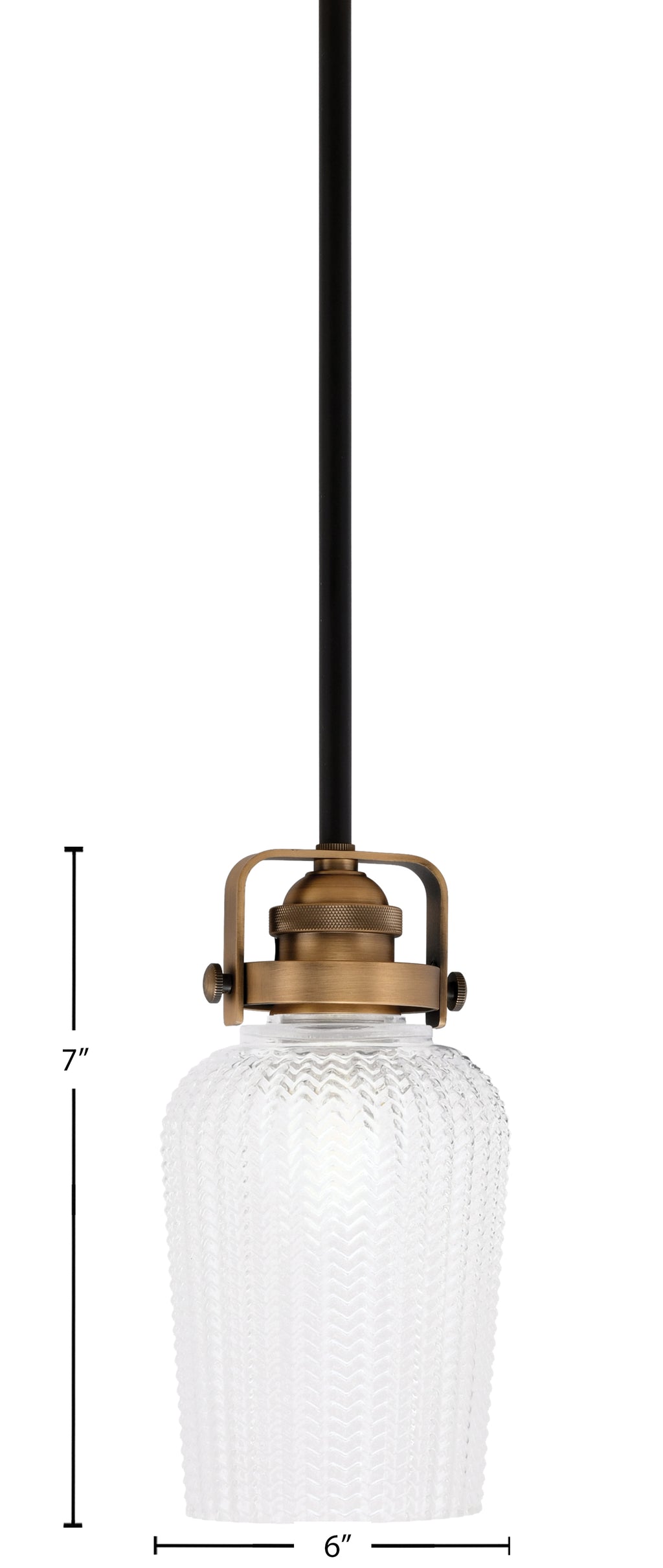 Easton One Light Mini Pendant in Matte Black & Brass with 5" Clear Textured Shade