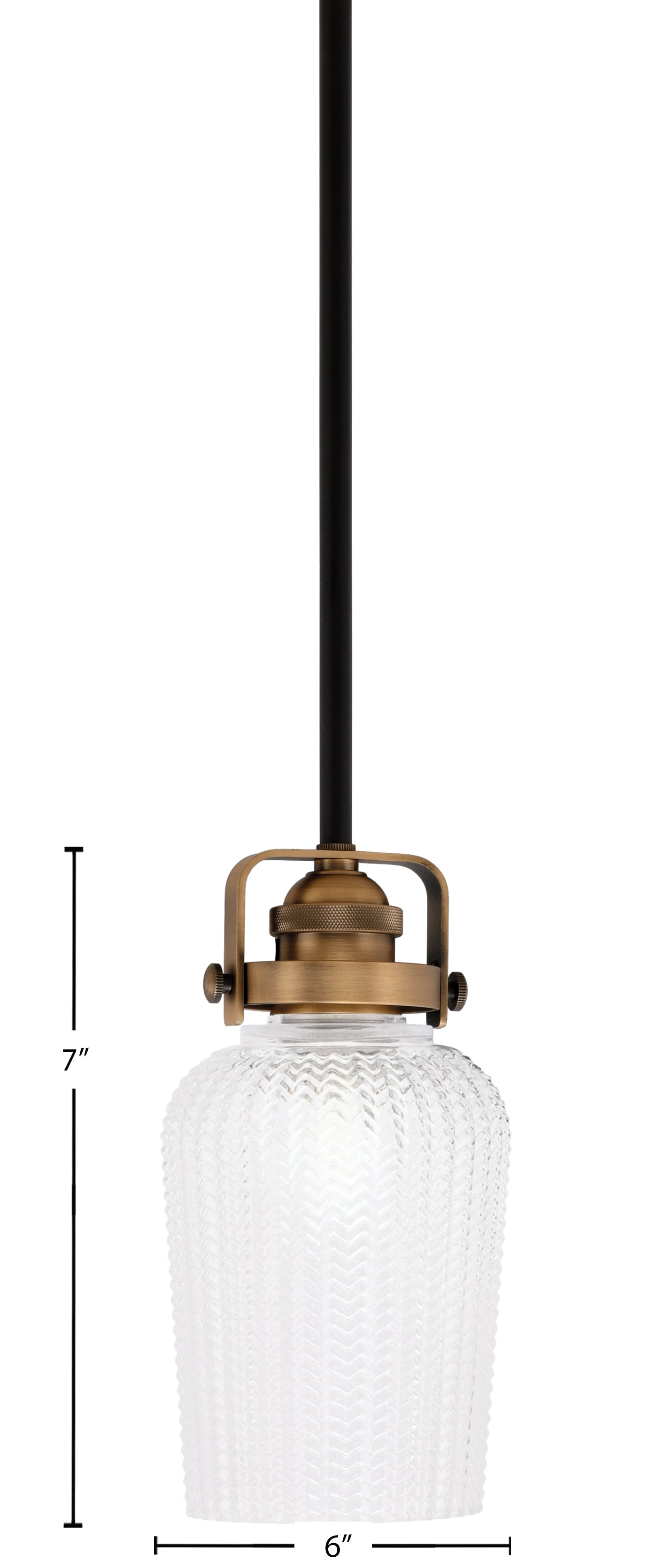 Easton One Light Mini Pendant in Matte Black & Brass with 5" Clear Textured Shade