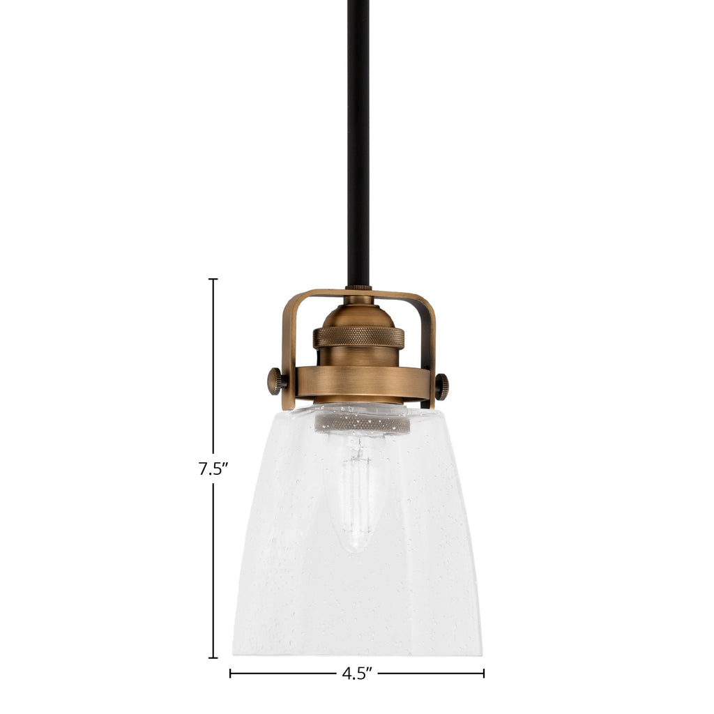 Easton One Light Mini Pendant in Matte Black & Brass with 4.5" Square Clear Bubble Shade