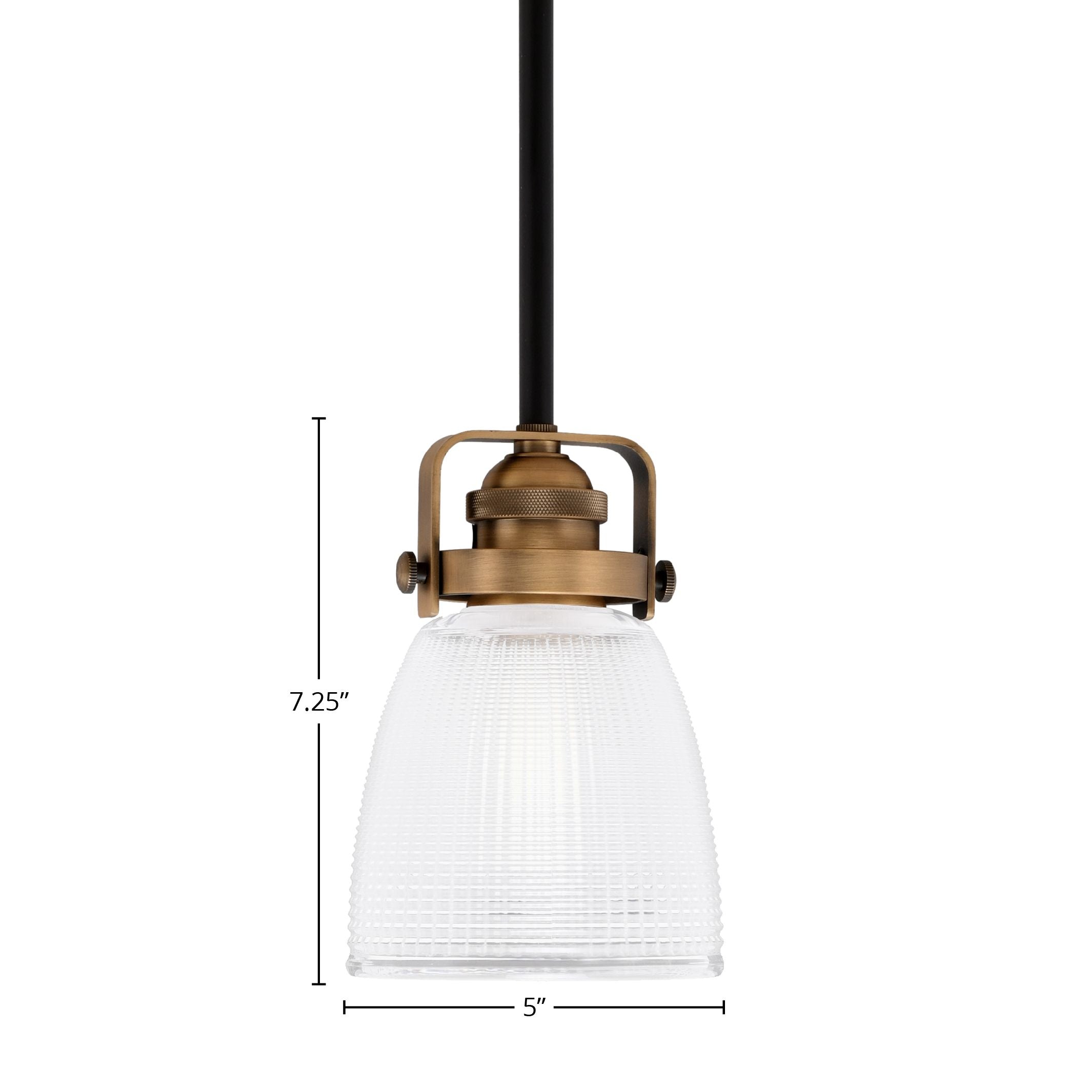 Easton One Light Mini Pendant in Matte Black & Brass with 5" Clear Ribbed Shade