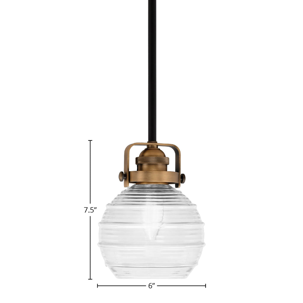 Easton One Light Mini Pendant in Matte Black & Brass with 6" Clear Ribbed Shade