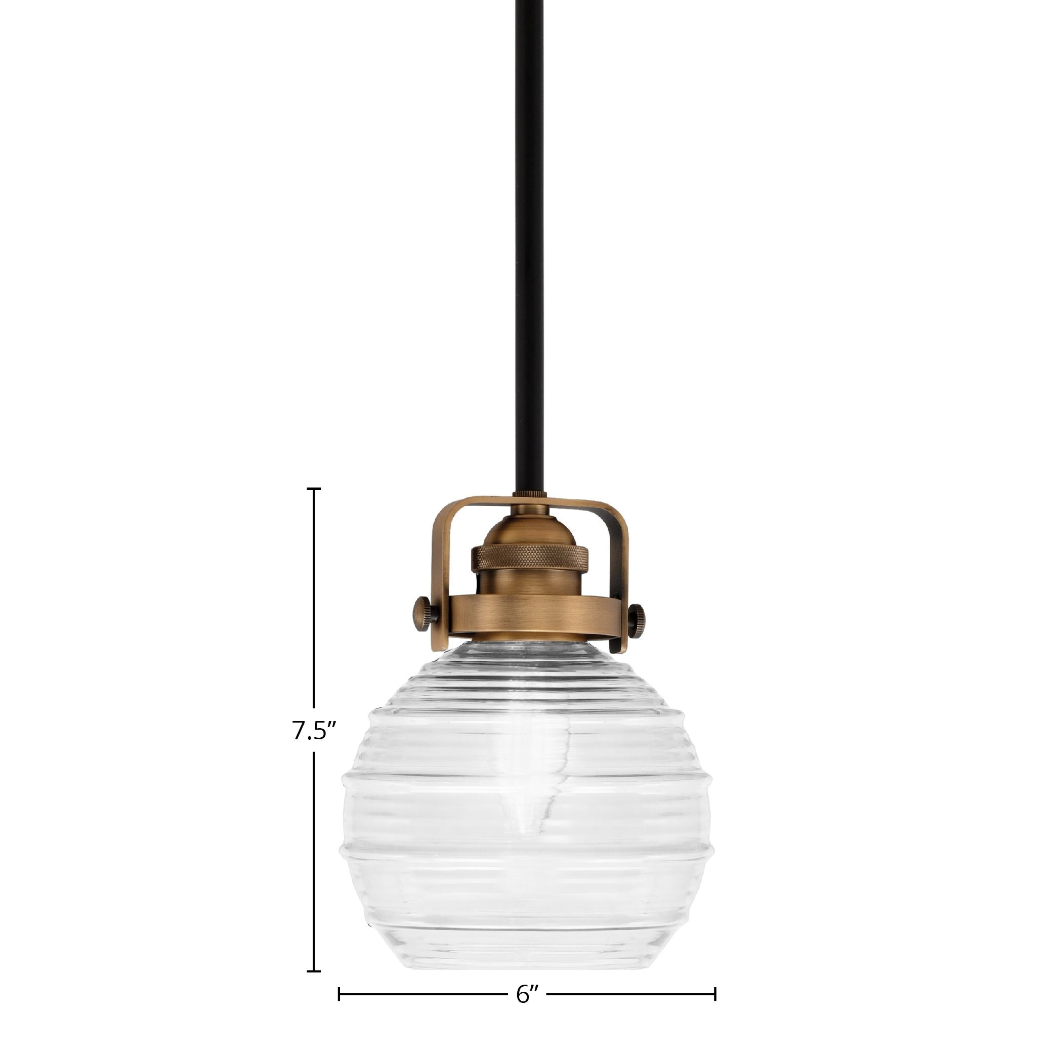 Easton One Light Mini Pendant in Matte Black & Brass with 6" Clear Ribbed Shade