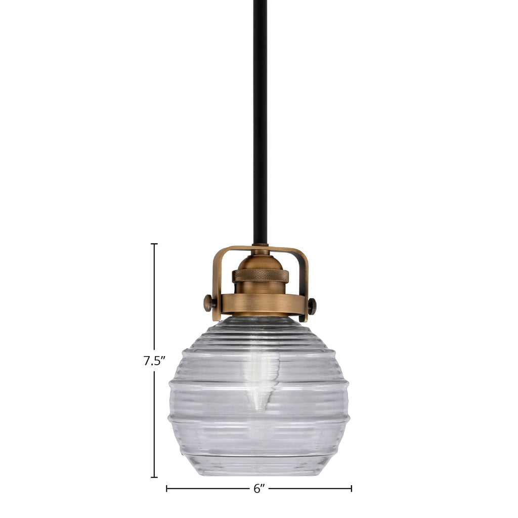 Easton One Light Mini Pendant in Matte Black & Brass with 6" Smoke Ribbed Shade