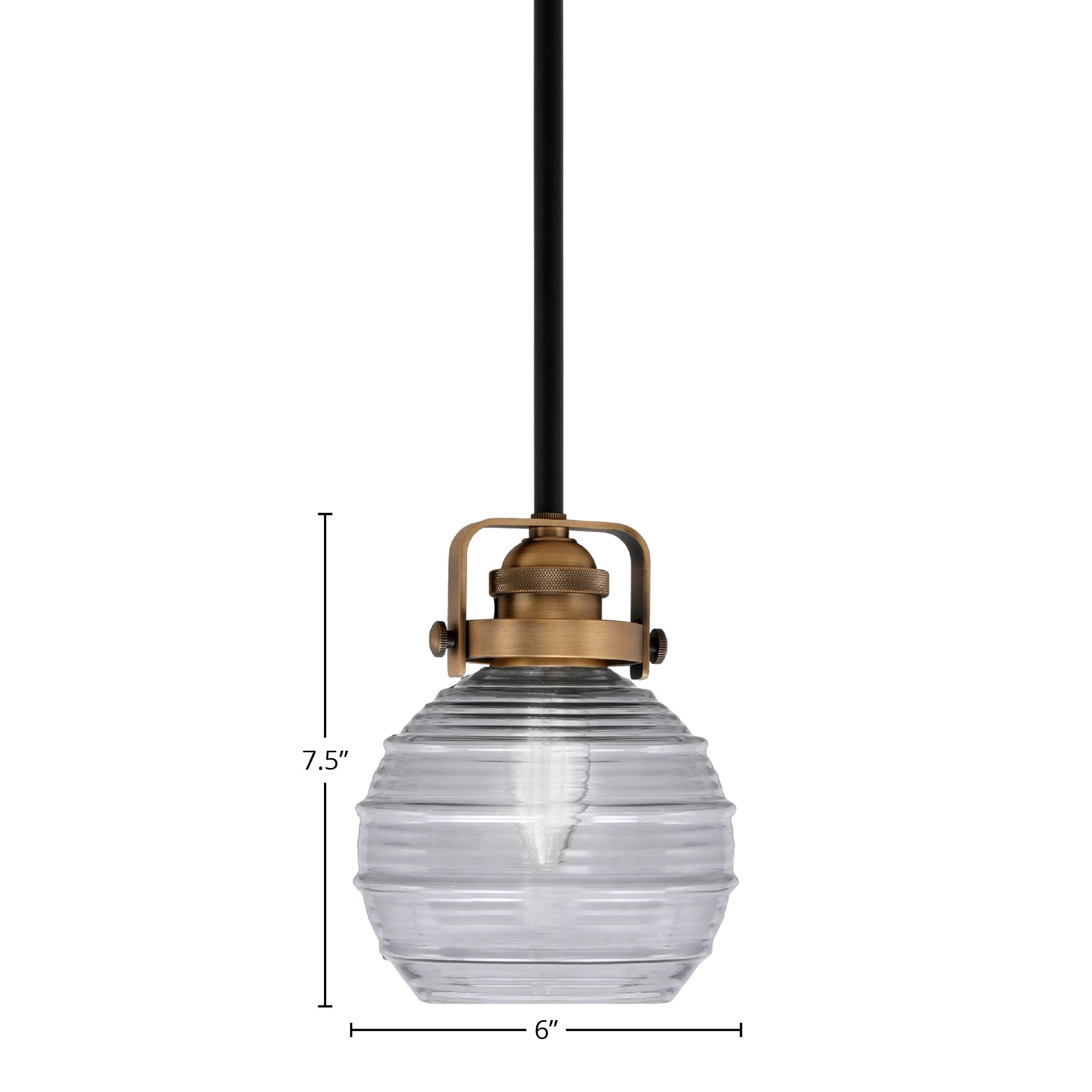 Easton One Light Mini Pendant in Matte Black & Brass with 6" Smoke Ribbed Shade