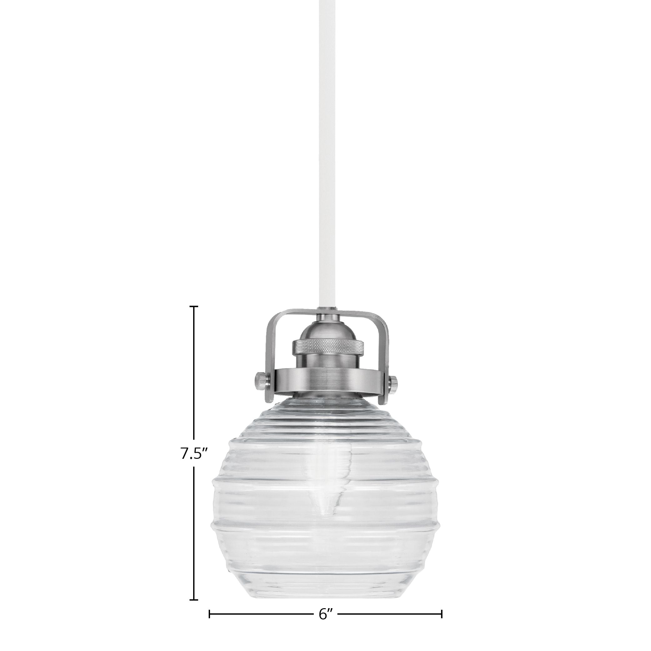 Easton One Light Mini Pendant in White & Brushed Nickel with 6" Clear Ribbed Shade