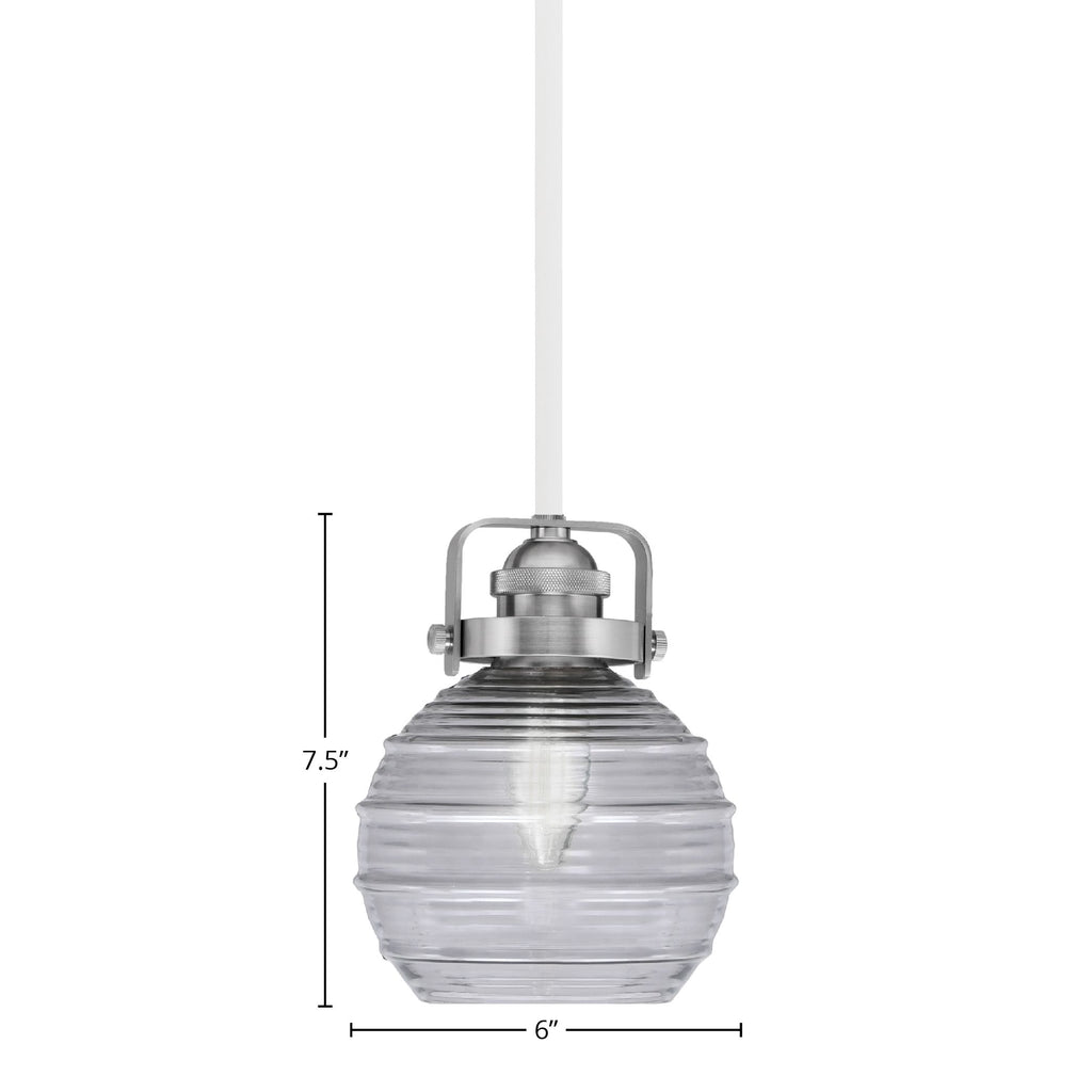 Easton One Light Mini Pendant in White & Brushed Nickel with 6" Smoke Ribbed Shade