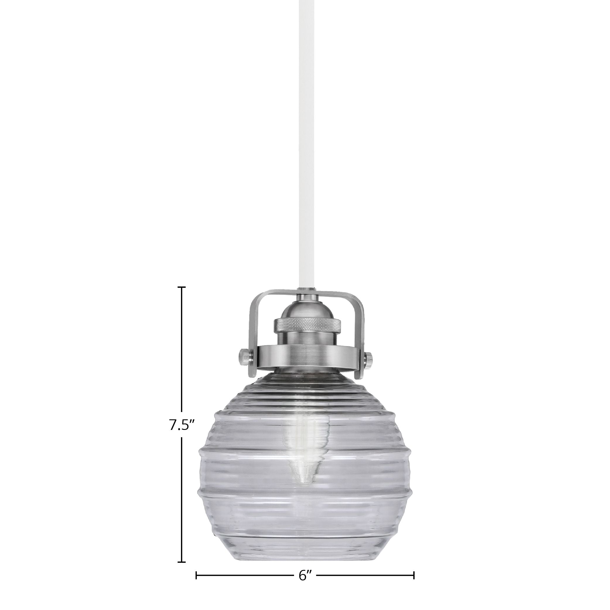 Easton One Light Mini Pendant in White & Brushed Nickel with 6" Smoke Ribbed Shade