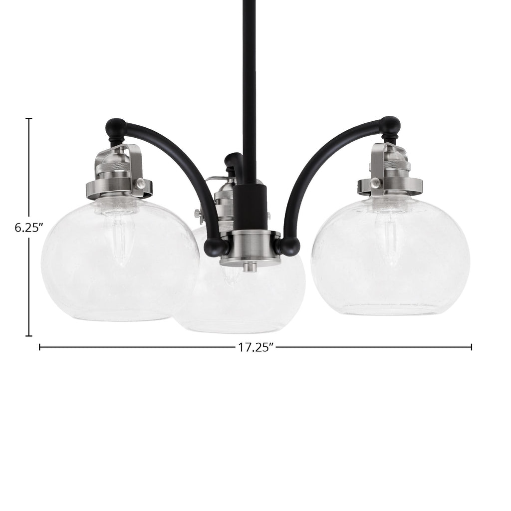 Easton Three Light Chandelier in Matte Black & Brushed Nickel with 7" Clear Bubble Shade