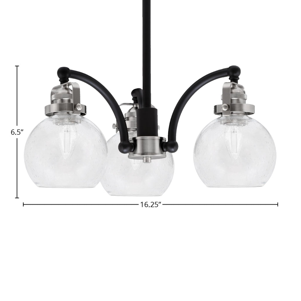 Easton Three Light Chandelier in Matte Black & Brushed Nickel with 75" Clear Bubble Shade