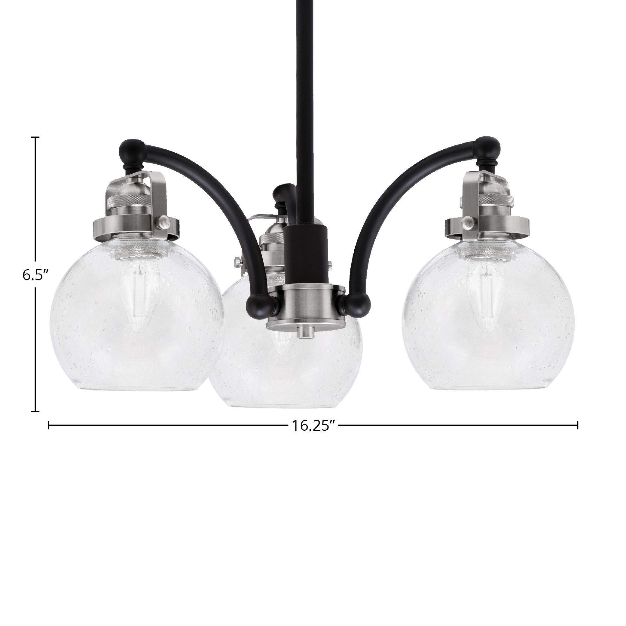 Easton Three Light Chandelier in Matte Black & Brushed Nickel with 75" Clear Bubble Shade