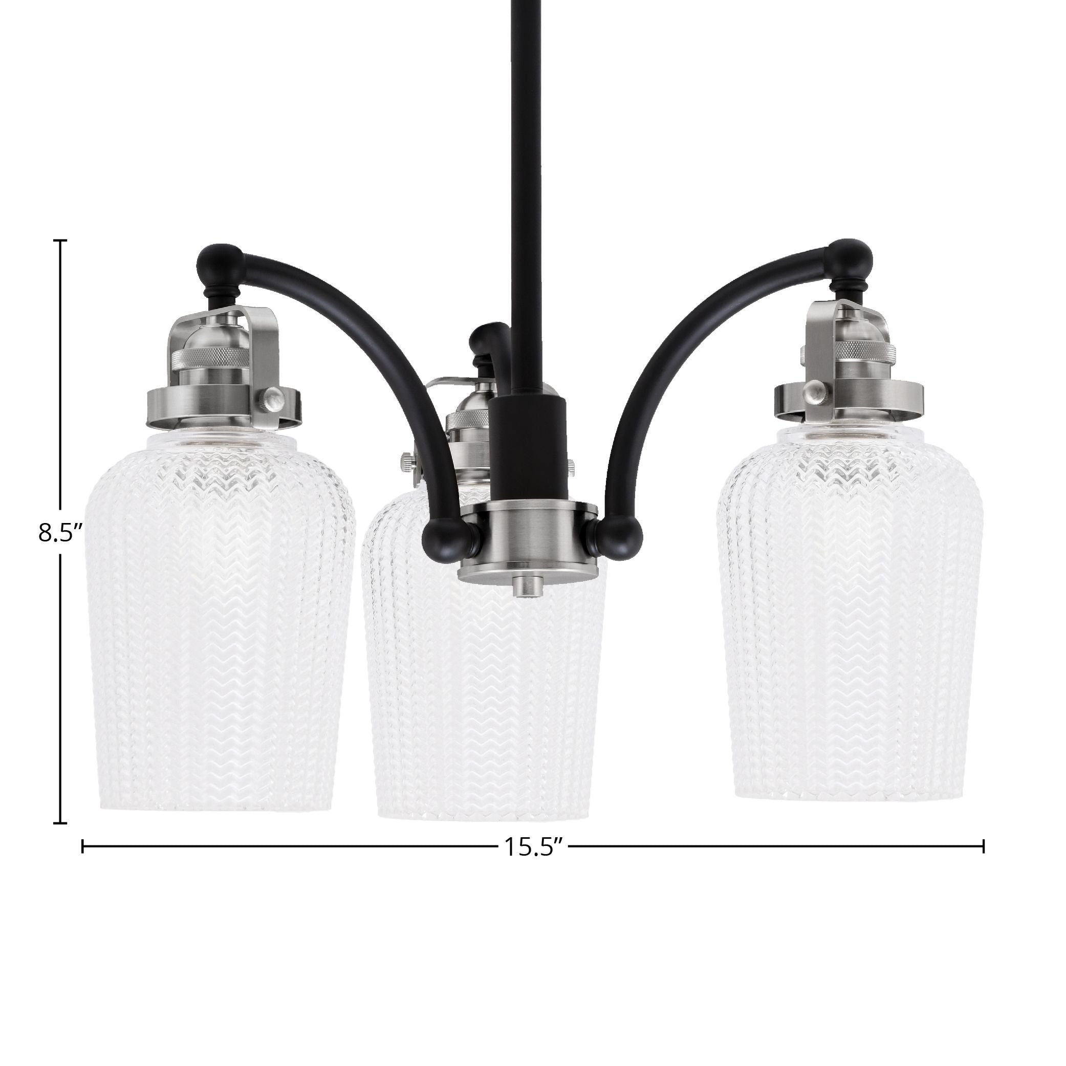 Easton Three Light Chandelier in Matte Black & Brushed Nickel with 5" Clear Textured Shade