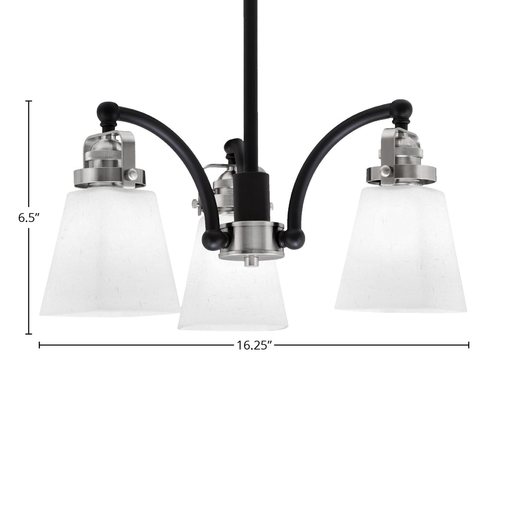 Easton Three Light Chandelier in Matte Black & Brushed Nickel with 4.5" Square White Muslin Shade