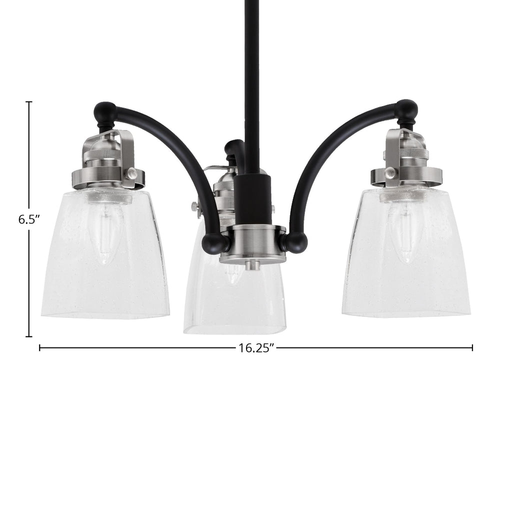 Easton Three Light Chandelier in Matte Black & Brushed Nickel with 4.5" Square Clear Bubble Shade